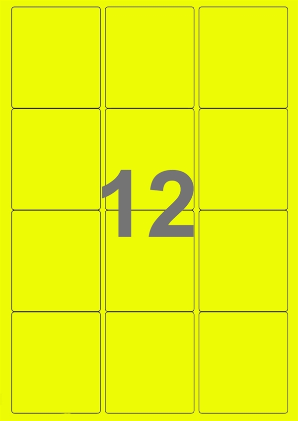 A4-etiketter, 12 stansade etiketter/ark, 63,5 x 72,0 mm, gul neon, 100 ark